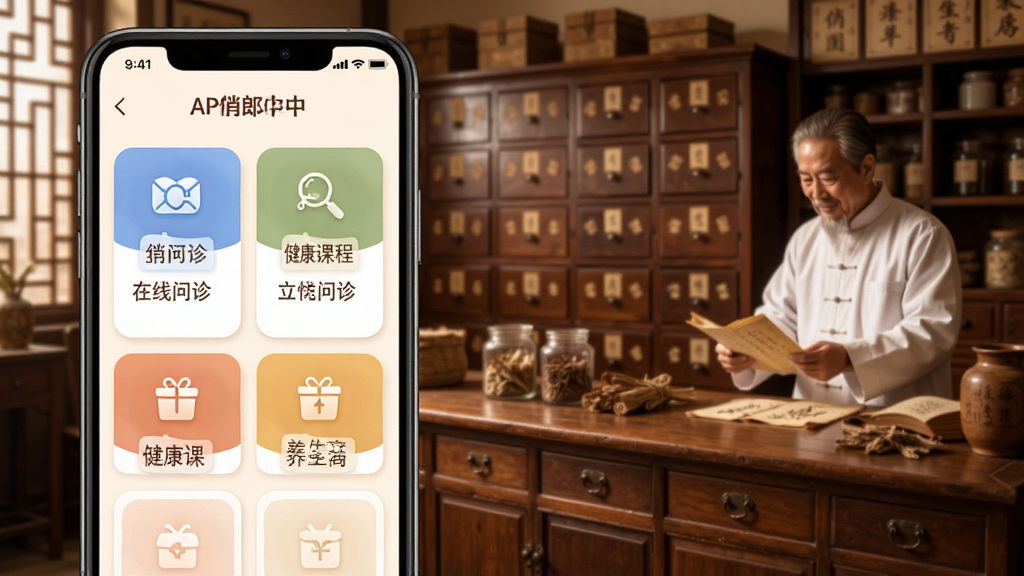 俏郎中APP服务大厅页面示意图,手机屏幕上排列着在线问诊、健康课程、养生商城等功能卡片,背景为古色古香的中药房柜台,有药柜和中医师在忙碌,画面充满生活气息,布局疏朗,风格温馨,细节清晰,画质干净,无多余元素