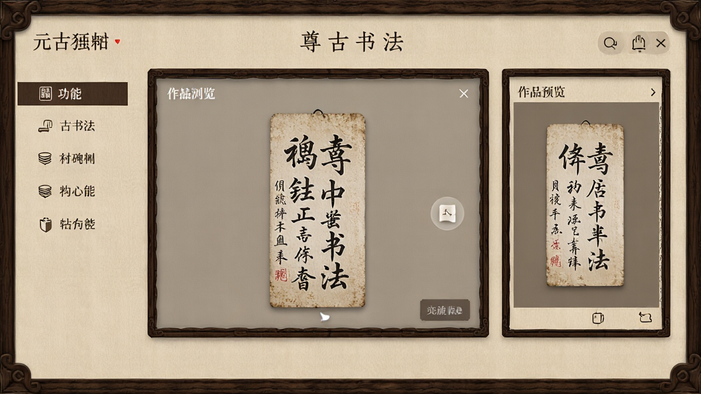 尊古书法主界面展示图,中央为碑帖浏览区,左侧为功能侧边栏,右侧为作品预览区,整体采用米色古典背景,搭配深色木质边框,界面布局清晰,风格素雅古朴,画质高清干净,无多余元素。