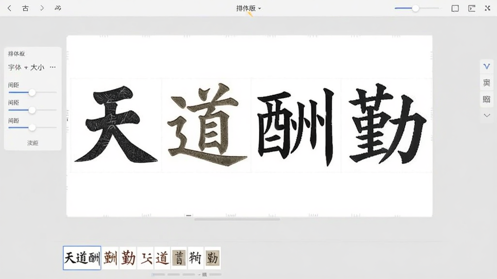 尊古书法集字排版操作界面,中央画布上排列着“天道酬勤”四个大字,分别来自不同碑帖,四周显示排版工具栏,包括字体大小、间距调节滑块,底部为作品缩略图,界面风格简洁,背景为浅灰色,画质干净。