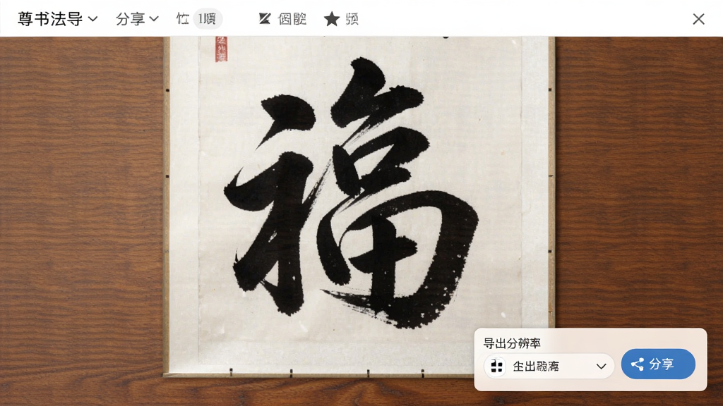 尊古书法导出分享功能示意,界面展示一张完整的书法作品图片,右下角有导出分辨率选择菜单,旁边有分享按钮,背景为木纹桌面,画面构图简洁,突出作品主体,画质高清干净。