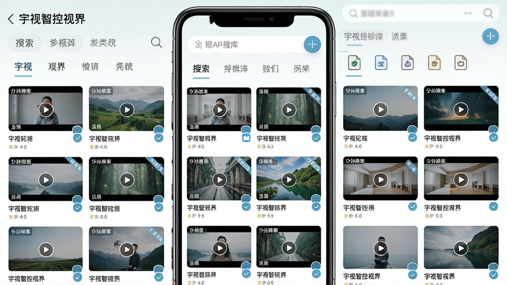 ��������Ϊ�������ǿ��ӽ硱APP�زĿ���棬��������ʽչʾ�����Ƶ��ͼƬ����ͼ������Ϊ�ֻ��������棬�Ϸ�Ϊ������������ǩ���·�Ϊ�ز��ٲ������Ű����룬����ͼ��Сͳһ��������µ��ţ��ļ�����ͼ�������ɱ档ϸ�ڰ����ز����ơ��ֱ��ʽǱ���ѡ��״̬�Թ������ʸɾ����޶���Ԫ�ء�