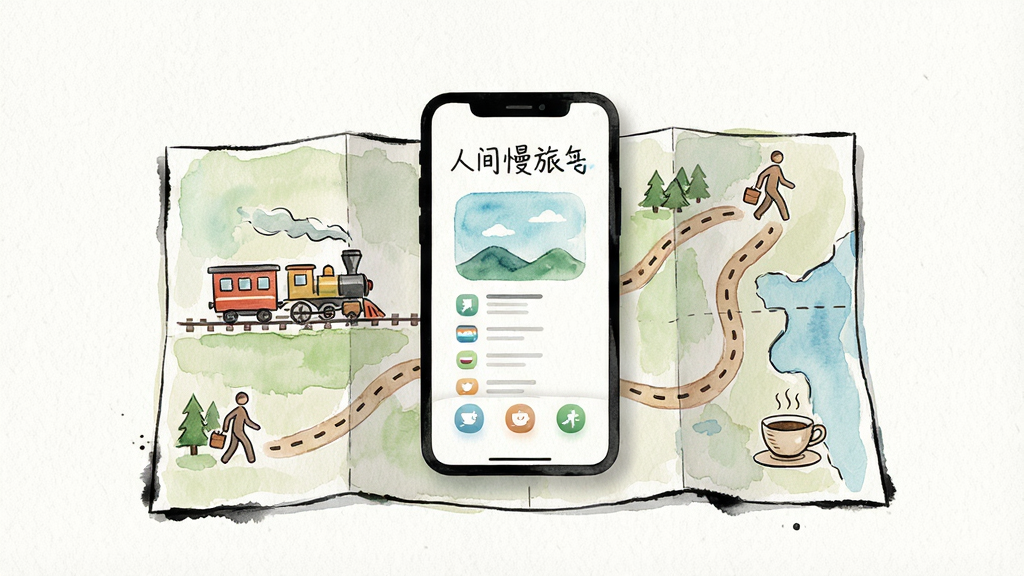 画面以“人间慢旅”应用为核心,主体展示手机界面悬浮于手绘地图之上,地图上有手绘的火车、步行小径与咖啡杯图标,布局采用居中构图,排版留白充足,整体风格为清新水彩插画,细节包括纸张纹理与墨迹边缘,画质细腻干净,无多余元素,若有文字请标注“人间慢旅”