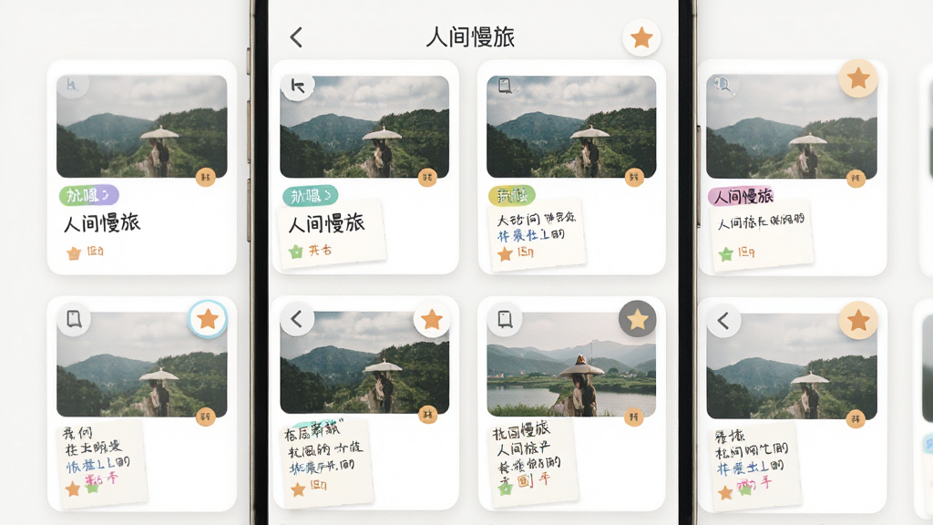 手机界面展示“人间慢旅”灵感收集功能,主体为分类卡片墙,卡片上带有图片与便签,布局为网格排列,排版清晰,风格扁平化,色调柔和,细节包括彩色标签与置顶按钮,画质干净,无多余元素,若有文字请标注“人间慢旅”