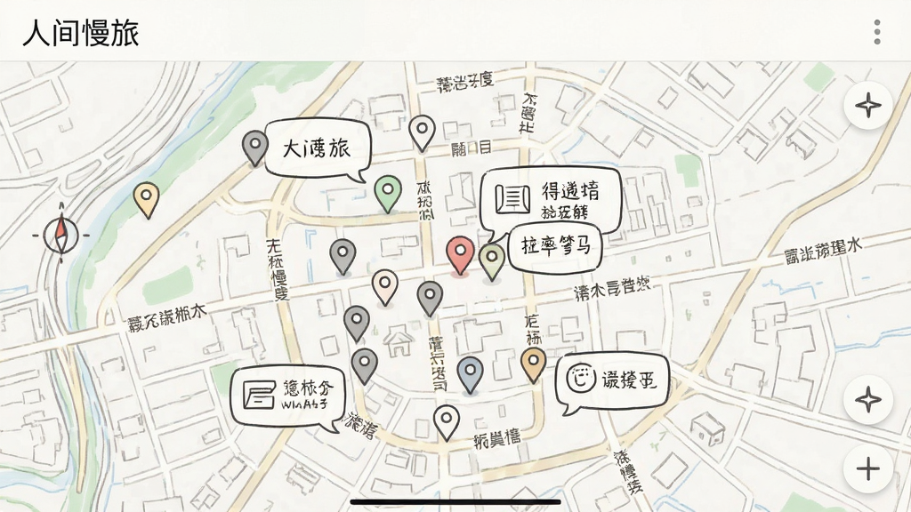 模拟“人间慢旅”离线地图界面,主体为街道地图与定位点,布局为全屏地图,排版简洁,风格为极简线条风,细节包括标记点与笔记气泡,画质干净,无多余元素,若有文字请标注“人间慢旅”