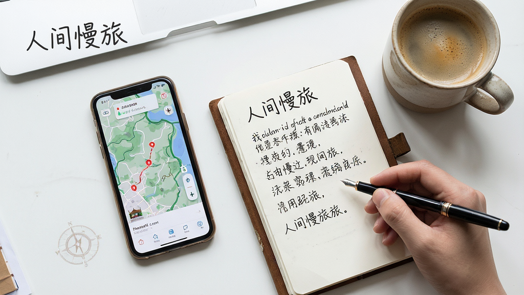 展示“人间慢旅”使用指南场景,主体为手机与手写笔记,布局为平铺视角,排版清爽,风格为写实摄影,细节包括屏幕上的地图与手旁咖啡杯,画质高清干净,无多余元素,若有文字请标注“人间慢旅”