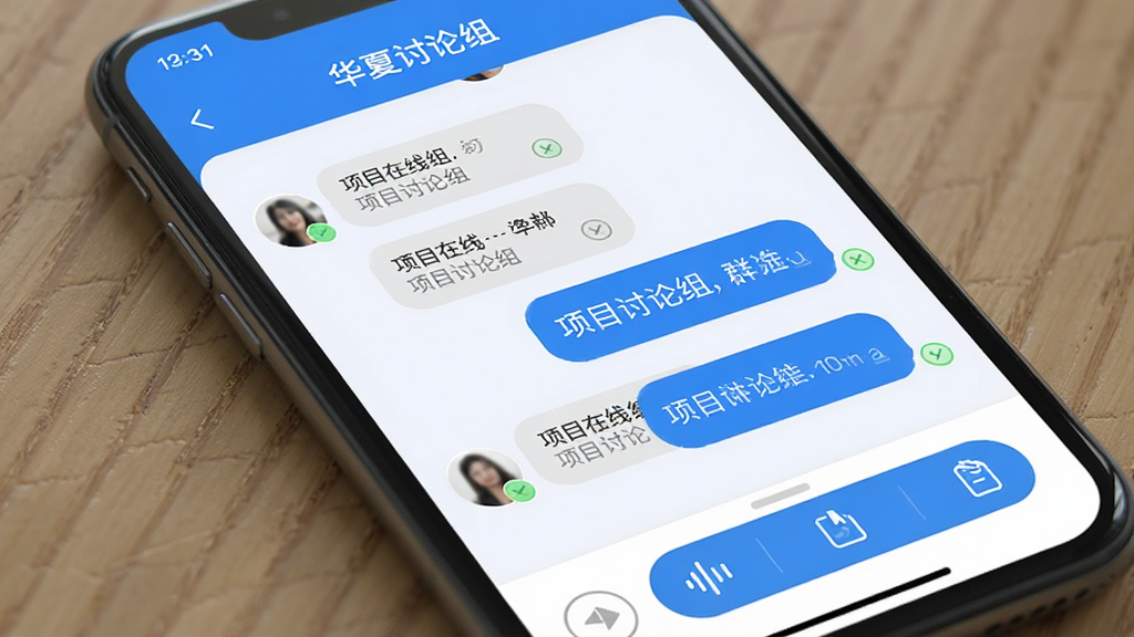 手机界面上展示“华夏在线”聊天窗口,顶部为群组名称“项目讨论组”,中间有若干气泡消息并带有已读标识,底部为语音与文件发送按钮,界面以蓝色为主色调,圆角卡片设计,现代简洁,画质清晰,干净无多余元素。