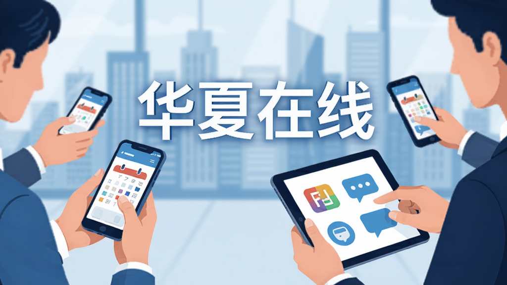 一个现代商务办公场景的横版插画,画面中央醒目位置显示文字“华夏在线”,背景是模糊的城市天际线,前景有几位职场人士正使用手机和平板电脑进行协作,屏幕上显示日历、审批、消息等图标,整体色调为蓝色与白色,简洁明亮,扁平化设计风格,干净无多余元素,高画质。