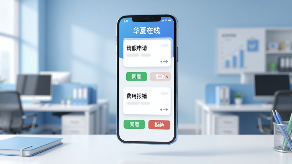 一部智能手机悬浮在办公桌上方,屏幕中显示“华夏在线”审批列表,包含“请假申请”、“费用报销”等卡片,每张卡片下方有“同意”与“拒绝”按钮,背景为模糊的办公环境,浅蓝色与白色配色,3D渲染风格,干净整洁,画质高清。