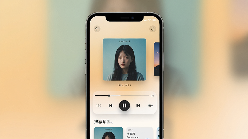 路说应用主界面预览图,展示其简洁的播放界面与推荐内容流,主体为手机屏幕居中构图,背景是柔和的暖色调渐变,排版上突出专辑封面与播放控制条,风格现代简约,细节上呈现磨砂玻璃质感与细腻阴影,画质高清干净,无多余元素