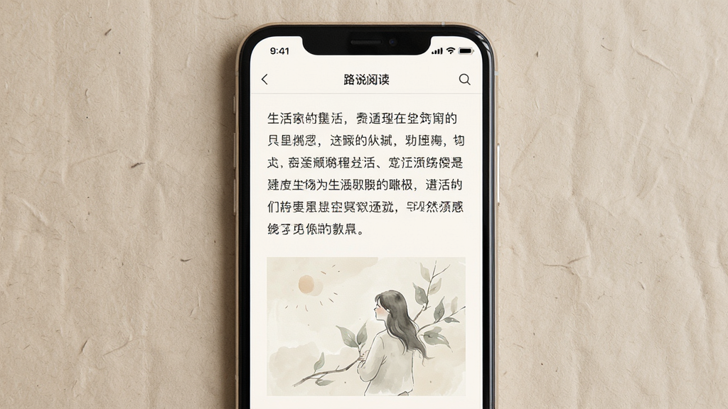 路说阅读界面展示,屏幕上呈现一篇关于生活的短文,主体为手机竖屏居中,背景是素色纸张纹理,排版上文字段落清晰,配图淡雅,风格简约文艺,细节注意字体间距与行距,画质干净无多余元素