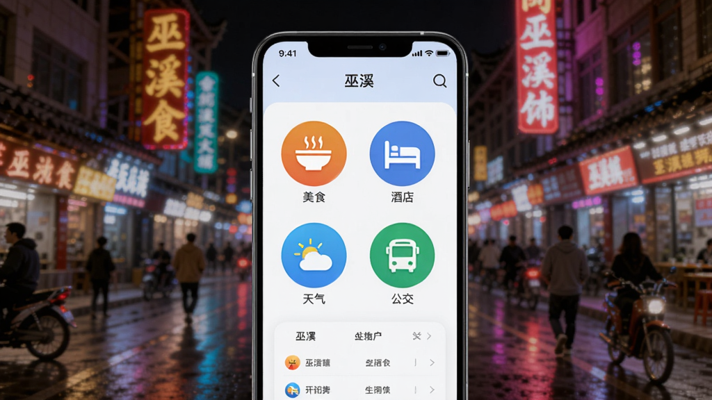 ͼƬ����Ϊ�ֻ���Ļչʾ����Ϫ��APP�����������棬��������ʳ�������Ƶꡱ���������������������Ȳ�ɫԲ��ͼ�ꡣ�ֻ�����Ϊ��Ϫ�سǷ����Ľֵ�ҹ�����޺�ƹ�߲������ֻ��ã�����ִ���ϸ��չ���������Ķ������������������޶���Ԫ�ء�
