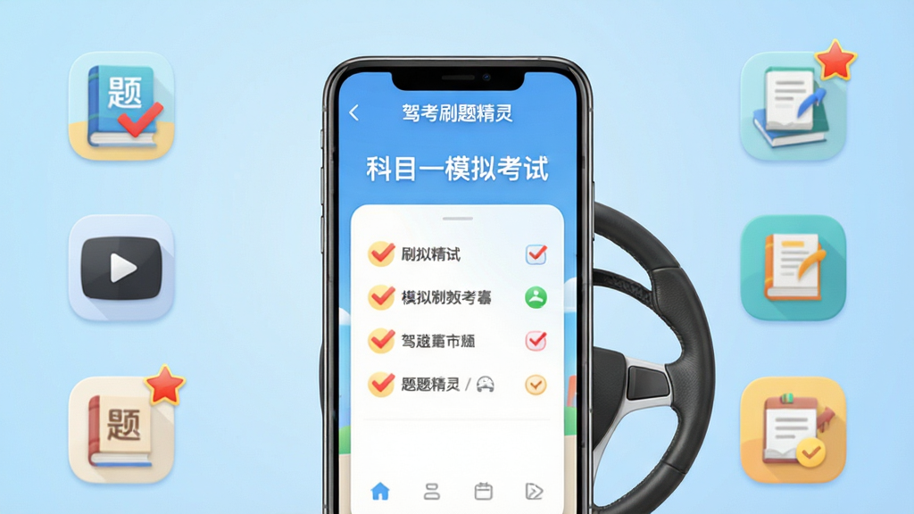 主体:驾考刷题精灵软件界面展示,手机屏幕上有模拟考试界面,旁边有方向盘和书本。布局:手机居中,周围环绕题库图标、视频播放图标、错题本图标。排版:主体突出,背景为浅蓝色渐变,图标排列有序。风格:写实与扁平结合,色彩明亮清晰。细节:界面文字显示“驾考刷题精灵”“科目一模拟考试”,图标上有红色对勾和星标。画质:高清渲染,干净,无多余元素。