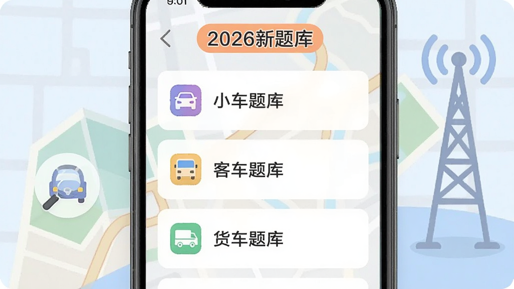 主体:手机屏幕显示驾考刷题精灵的题库列表,分类清晰,有“小车题库”“客车题库”“货车题库”等标签。布局:手机竖屏居中,左侧有放大镜图标,背景有地图和信号塔元素。排版:列表从上到下依次排列,文字清晰可读。风格:扁平化UI设计,色彩柔和。细节:每个分类前有彩色小图标,屏幕顶部有“2026新题库”字样。画质:高清屏幕渲染,干净,无多余元素。