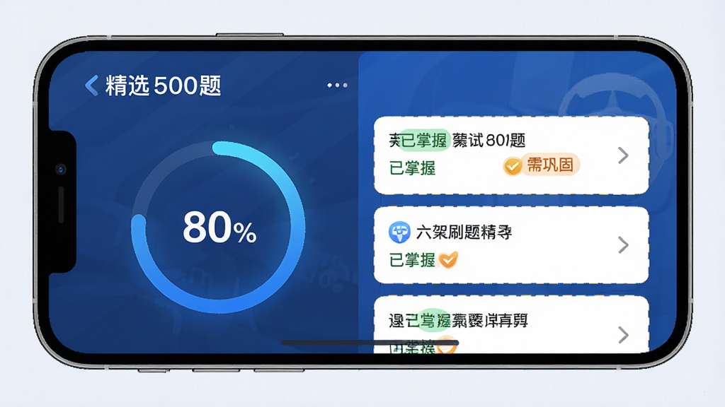 主体:驾考刷题精灵的“精选500题”页面,显示进度环和题目卡片。布局:手机横屏展示,左侧是进度环,右侧是题目列表。排版:卡片式布局,简洁明了。风格:现代简约,蓝色主色调。细节:进度环显示80%,题目卡片上有“已掌握”“需巩固”标签。画质:高清细节,干净,无多余元素。
