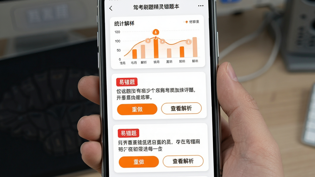 主体:驾考刷题精灵的错题本界面,显示错题列表和解析。布局:手机竖屏,上方是统计图,下方是错题卡片。排版:卡片式设计,每条错题都有“重做”和“查看解析”按钮。风格:简洁明亮,有橙色警示色点缀。细节:卡片上有红色“易错题”标签,解析文字清晰。画质:高清画质,干净,无多余元素。