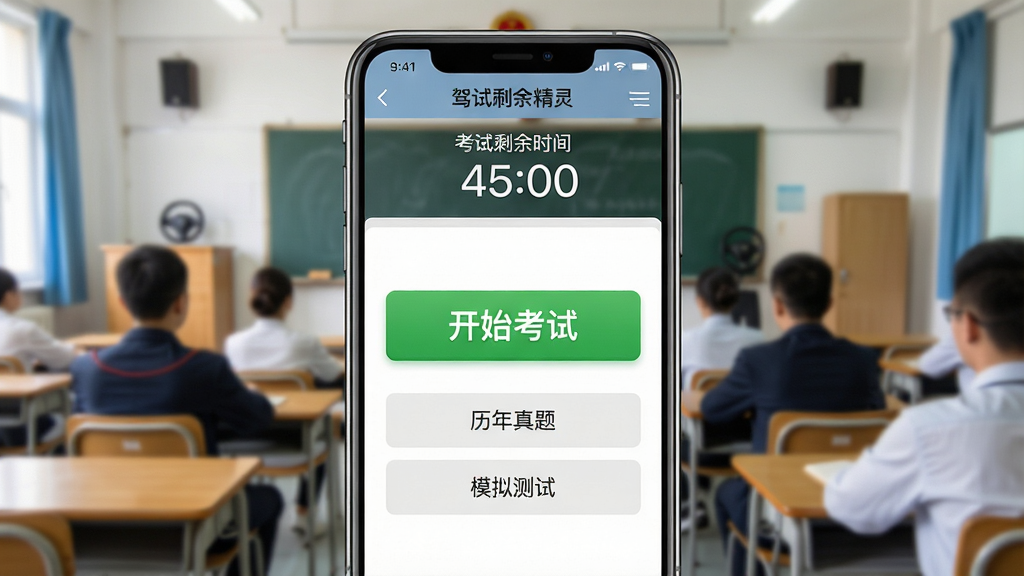 主体:驾考刷题精灵的模拟考试界面,有开始答题按钮和倒计时。布局:手机居中,背景有严肃的考场图片。排版:界面中央有大大的“开始考试”按钮,下方有“历年真题”和“模拟测试”两个选项。风格:写实风格,光线明亮。细节:屏幕上有“考试剩余时间 45:00”字样,按钮为绿色。画质:高清渲染,干净,无多余元素。