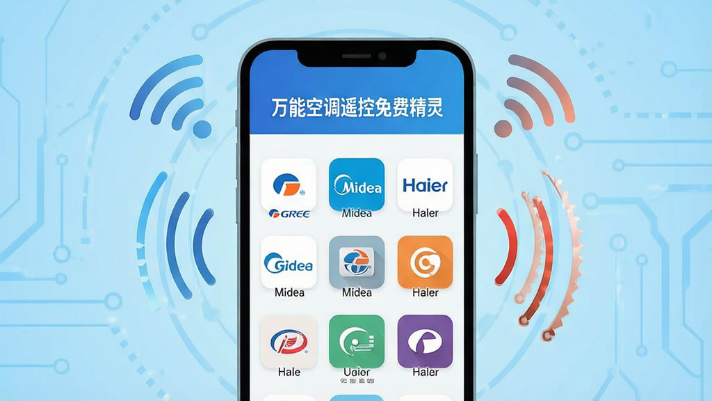 一张扁平化风格的功能展示图,画面中央是一部手机,手机屏幕显示“万能空调遥控免费精灵”的品牌选择界面,界面上整齐排列着格力、美的、海尔等知名空调品牌的彩色图标,周围环绕着Wi-Fi和红外信号的抽象线条,背景为浅蓝色科技感渐变,整体布局清晰,画质干净,无多余元素