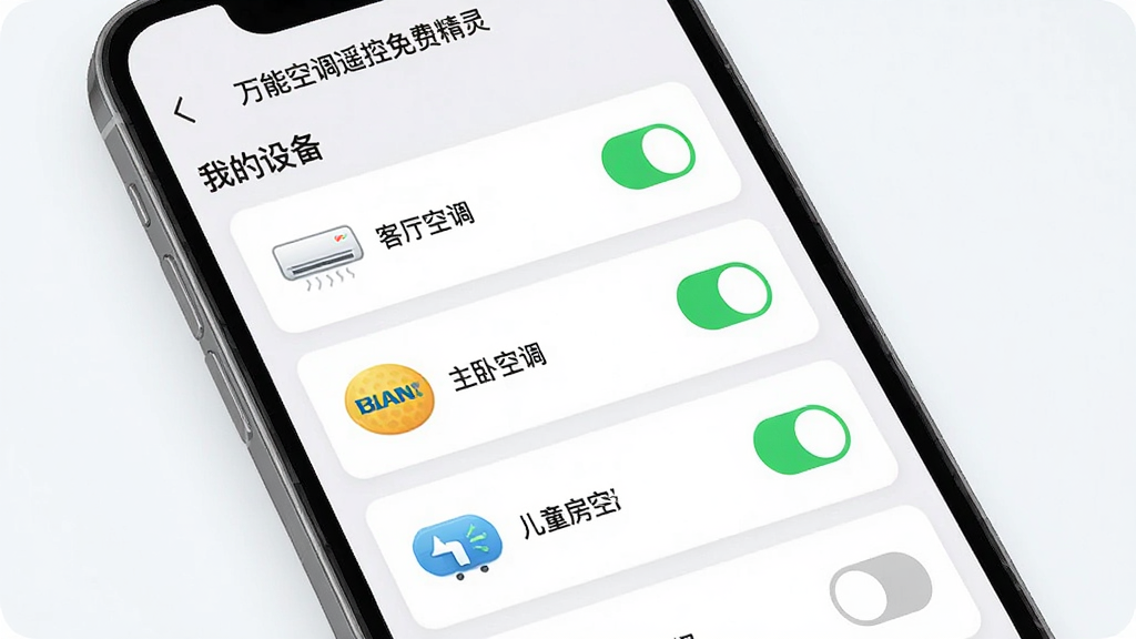 一张手机APP界面截图风格图片,屏幕显示“万能空调遥控免费精灵”的“我的设备”管理页面,页面中纵向排列着客厅空调、主卧空调、儿童房空调等多个设备卡片,每个卡片都有对应的空调品牌图标和开关状态按钮,背景简洁明亮,界面设计现代,画质高清,无多余元素