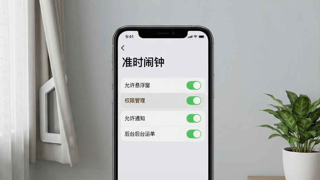主体:手机屏幕特写,显示“准时闹钟”的设置页面,背景为简洁的浅灰色墙壁,屏幕内高亮显示“权限管理”与“后台白名单”选项。布局:手机位于画面中心,左侧有半开的窗帘,右侧有桌面绿植。排版:屏幕内容为视觉重点,文字清晰可读。风格:写实风格,自然光。细节:屏幕中显示“允许悬浮窗”、“允许通知”、“允许后台运行”三个开关,均已打开状态。画质:超清,干净,无多余元素。
