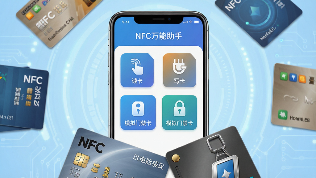 主体:一部智能手机屏幕显示NFC万能助手主界面,界面内有“读卡”、“写卡”、“模拟门禁卡”等功能图标,手机下方放置一张公交卡和一张门禁卡。布局:手机居中,卡片环绕,背景为浅蓝色科技感渐变。排版:手机界面清晰展示软件名称“NFC万能助手”和主要功能按钮。风格:写实与科技感结合,细节丰富,画质高清,干净,无多余元素。