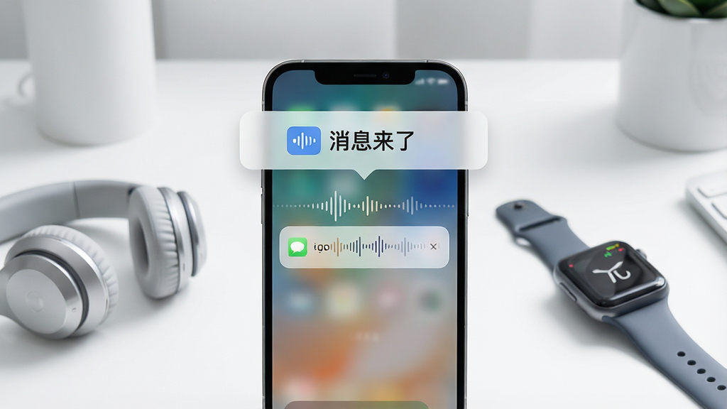 主视觉图,展示手机屏幕亮起,顶部悬浮着“消息来了”语音播报的动画界面,背景为现代简约的桌面环境,手机旁有耳机和智能手表,画面主体突出消息通知与语音波形,布局居中,风格清新明亮,细节丰富,画质高清干净,无多余元素