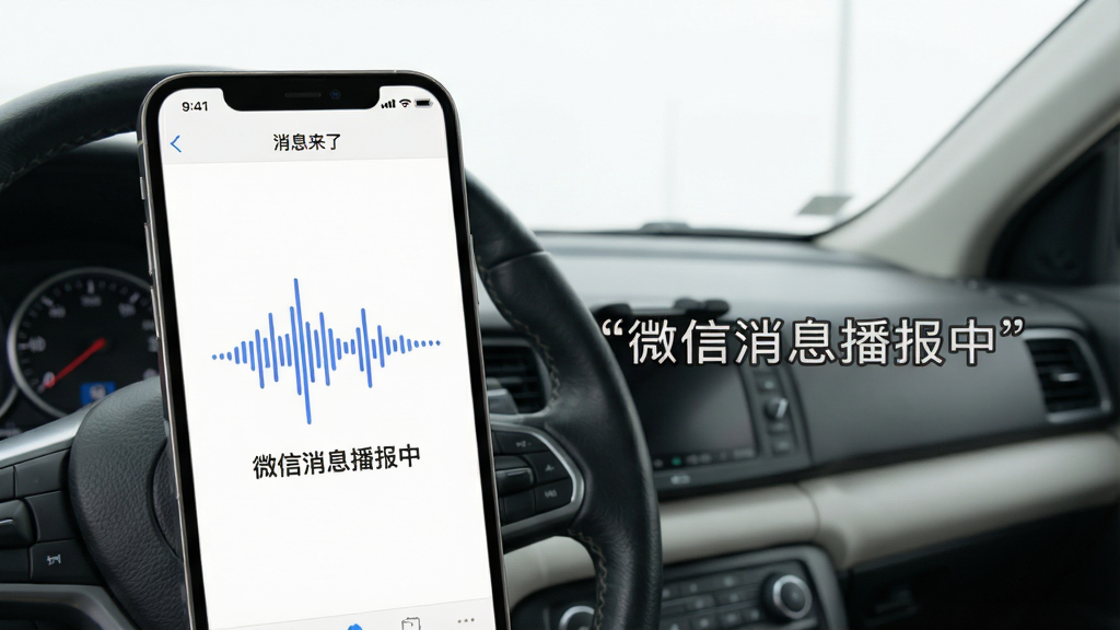 功能展示图,手机屏幕显示“消息来了”应用界面,中间有一个语音波形动画,旁边文字标注“微信消息播报中”,背景为简洁的驾驶室场景,方向盘和手机支架可见,布局清晰,风格写实,细节到位,画质干净无多余元素