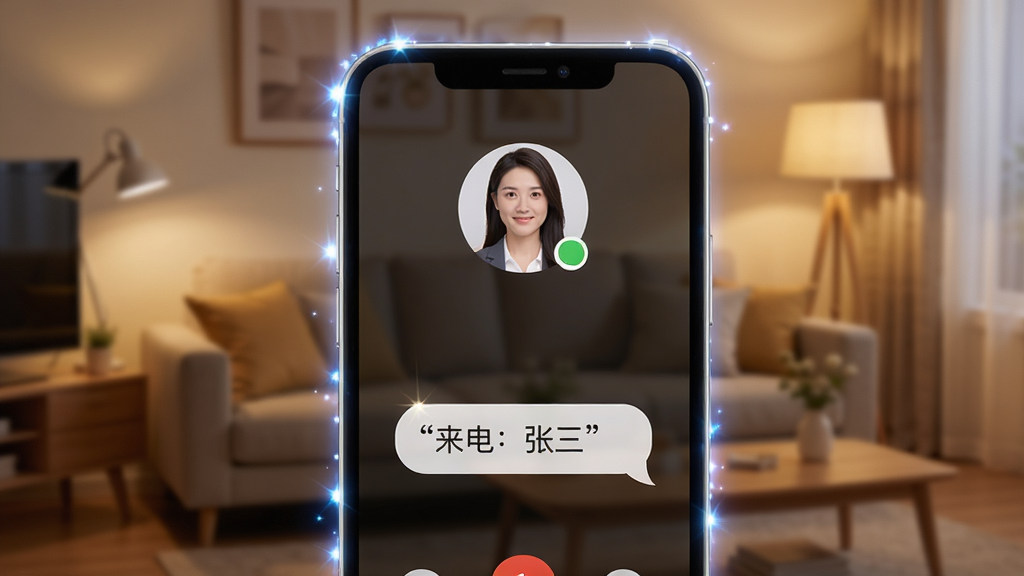 功能示意图,手机来电界面,屏幕上方显示联系人头像,下方有语音播报气泡“来电:张三”,手机边缘发出闪光效果,背景为室内客厅环境,灯光柔和,主体突出,布局合理,风格温馨写实,细节精致,画质清晰,无多余元素