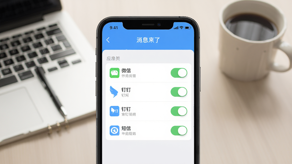 功能界面图,手机上展示“消息来了”的通知播报设置页面,列出多个应用开关,其中微信、钉钉、短信处于开启状态,背景为浅色办公桌面,有笔记本和咖啡杯,画面主体为设置界面,布局清晰,风格扁平清爽,细节丰富,画质高清,无多余元素