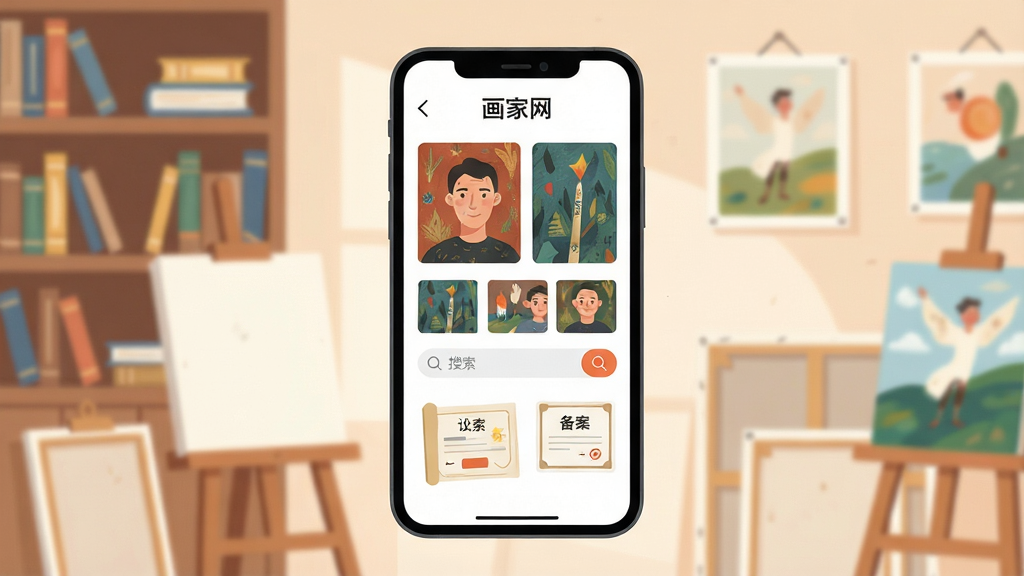 一幅展示智能手机屏幕的插画,屏幕中央显示“画家网”APP界面,界面设计简洁现代,包含画家肖像、作品缩略图、搜索栏和备案证书图标,背景为柔和的艺术画室氛围,书架和画作点缀,布局居中,排版清晰,扁平化风格,细节丰富,画质高清,干净无多余元素
