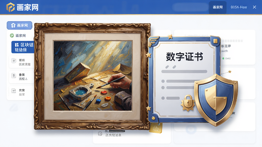 一幅插画,画面中央是一幅画作旁配有“数字证书”和盾牌图标,背景为“画家网”界面,展示区块链链接和备案流程,色彩以蓝金色为主,风格写实,布局均衡,画质高清,细节清晰,无多余元素