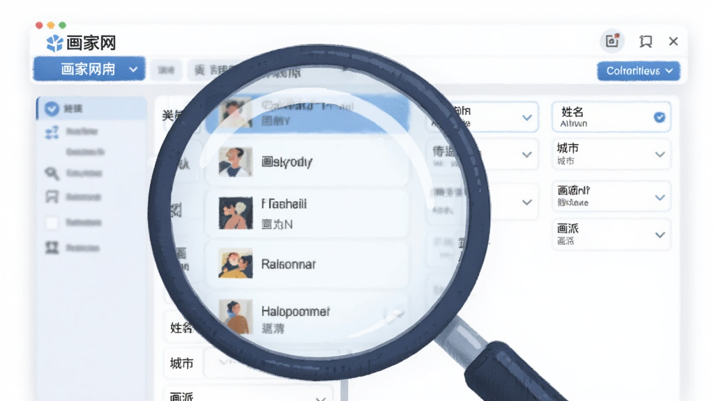 一幅数字绘画,前景是放大镜在检索画家信息列表,背景为“画家网”软件界面,显示多个筛选条件如姓名、城市、画派,布局疏朗,科技感与艺术感结合,插画风格,画质清晰,干净无杂乱元素