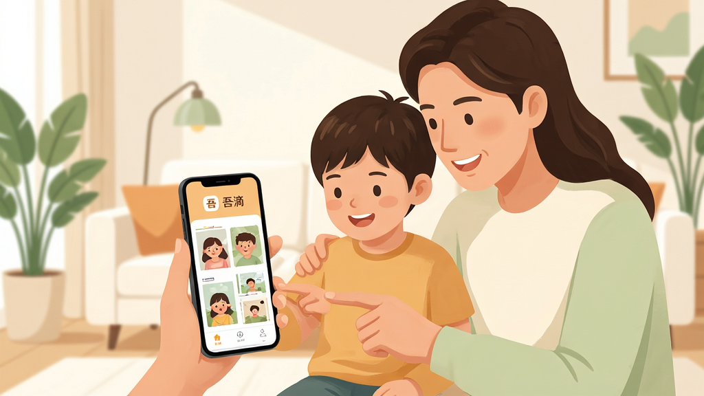 画面主体为温馨的一家三口,父母与孩子在明亮的客厅里,手持手机一起查看屏幕上的家庭账本和相册界面,手机屏幕清晰显示“吾滴”APP名称与图标。布局采用居中构图,人物环绕手机,背景是简约现代的家居环境,带有绿植点缀。排版风格为扁平化插画与写实结合,色彩温暖明亮,以米白、淡橙和浅绿色为主色调,突出家庭幸福感。细节上,孩子手指指向屏幕上的相册缩略图,父母面带微笑,画面干净无多余元素,画质高清柔和,无文字叠加。