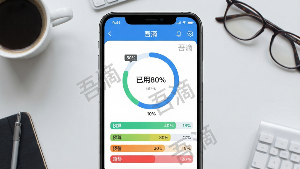 画面主体为手机截图风格的“吾滴”预算管理界面,中央显示环形进度条,标注“已用80%”,下方有各分类预算条,颜色由绿渐变为红。布局为上下结构,背景为浅灰色桌面,带有咖啡杯和眼镜等办公元素。排版风格扁平化,UI设计现代,色彩以蓝白为主,预警区域用红色高亮。细节包括进度条上的数字标签和“吾滴”水印,画质清晰,无多余文字,干净整洁。