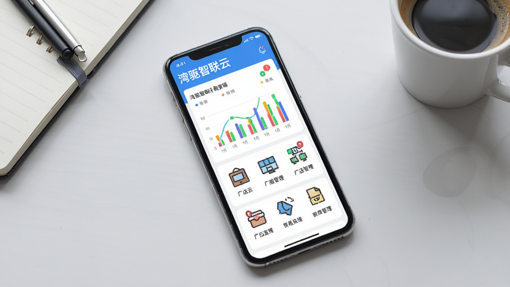 画面主体为智能手机屏幕展示湾驱智联云商家端管理后台,屏幕中央显示彩色数据图表与门店管理图标;布局采用居中构图,手机斜放,背景为浅灰色办公桌面,桌上有笔记本和咖啡杯;整体风格为现代商务扁平化,排版清晰,细节丰富,画质高清干净,无多余元素,屏幕上需显示“湾驱智联云”字样