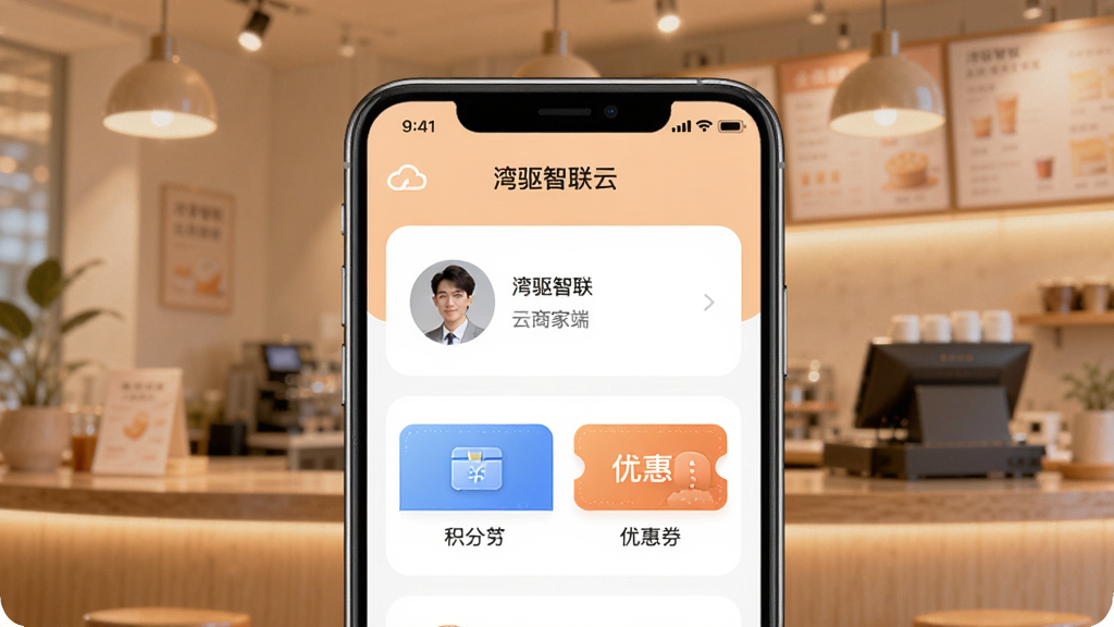 主体为手机屏幕展示湾驱智联云商家端会员管理界面,界面有会员头像、积分与优惠券图标;布局为手机居中,背景为暖色调店面环境;风格为现代简约,色彩柔和,细节清晰,画质干净,无多余元素,屏幕需出现“湾驱智联云”字样