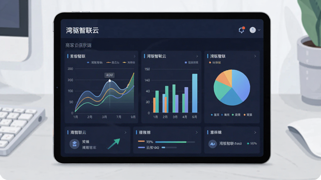 画面主体为平板电脑展示湾驱智联云商家端数据报表页面,页面包含折线图、柱状图与饼图;布局为正面平视,平板横放,背景为简洁办公桌面;风格为科技感扁平化插画,配色清新,图表细节丰富,画质干净,无多余元素,屏幕上方标注“湾驱智联云”