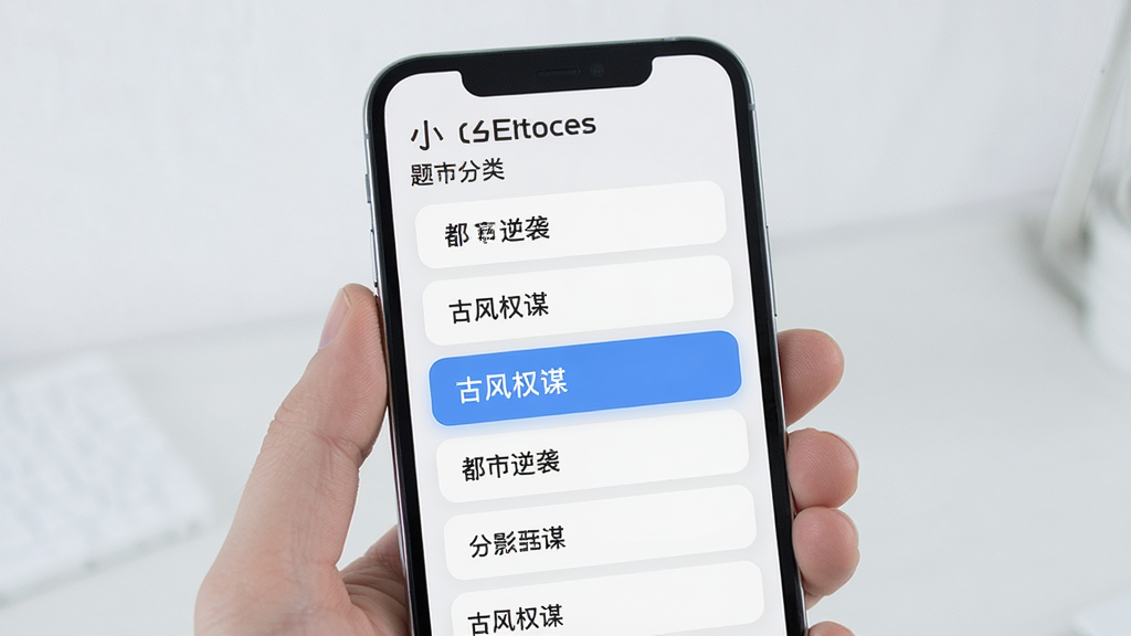 小影视筛选功能界面,手机屏幕上展示题材分类列表,包含都市逆袭、古风权谋等选项,高亮选中状态,背景浅色,现代简约风格,高画质,干净无多余元素
