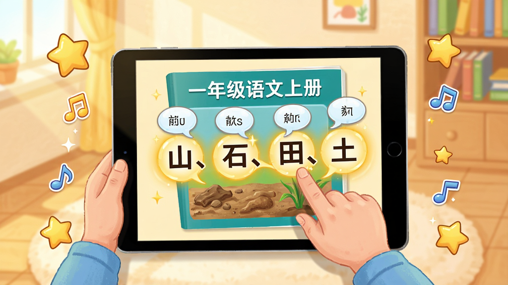 一位小朋友手指轻点平板电脑屏幕上的“一年级语文上册”课本画面,点到的“山、石、田、土”汉字立刻发出金色光芒并伴有标准读音气泡。画面采用俯拍视角,平板居中,四周有卡通星星和音符装饰,明亮温馨的家庭书房背景,插画风格,细节精致,画质高清,干净无杂物。