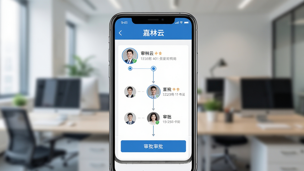 画面主体为手机展示“嘉林云”审批流程界面,包含多人头像与审批按钮,背景为办公场景虚化,布局采用中心构图,排版直观,风格清爽商务,细节包括流程节点与时间戳,画质高清干净,无多余元素