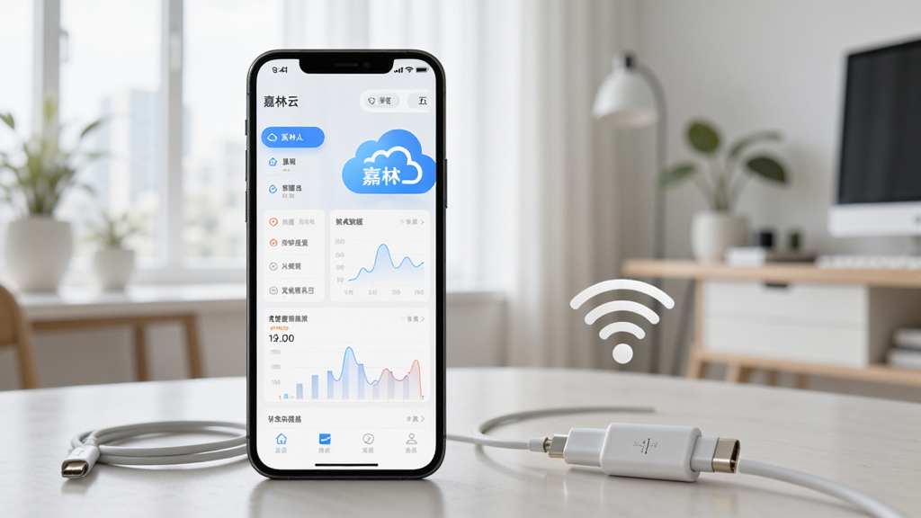 画面主体为一部手机显示“嘉林云”应用界面,旁边有充电线与WiFi图标,背景为明亮室内,布局采用平视构图,风格写实干净,细节包括屏幕上的菜单与数据曲线,画质高清,无多余元素