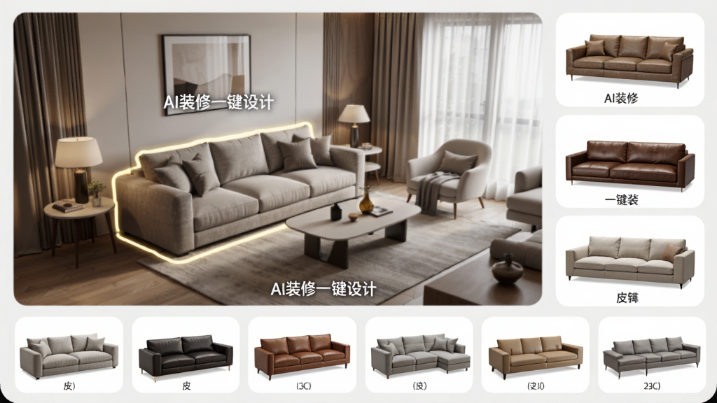���壺AIװ��һ����ƼҾ��滻����Ч�������֣����������У�ɳ������������Ա�չʾ�����ͬ����ɳ��ѡ��Ű棺�м��ǿ���3D��ͼ���ײ���������ɳ��ģ������ͼ�����ʱ�мҾӸУ�ϸ�ڣ�����ɳ����Ƥ��ɳ����L��ɳ����ѡ���ע