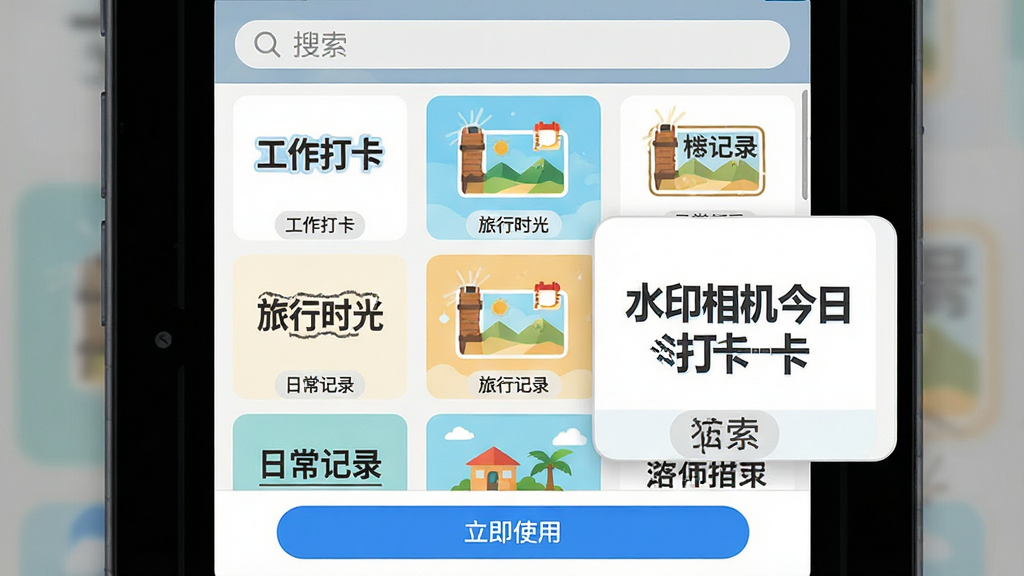 主体:水印相机今日打卡的水印选择界面,屏幕上展示多款不同风格的水印模板,如“工作打卡”、“旅行时光”、“日常记录”。 布局:水印模板以网格形式排列,顶部有搜索栏,底部有“立即使用”按钮。 排版:九宫格布局,每款水印下方有名称标签。 风格:扁平化UI风格,色彩鲜艳,图标清晰。 细节:其中一个水印模板被放大预览,显示“水印相机今日打卡”字样。 画质:高分辨率,干净,无多余元素。