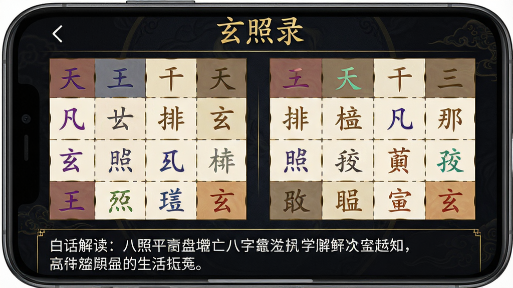 一张展示“玄照录”八字排盘功能的高清截图,主体为手机屏幕内的四柱干支排列界面,布局按照传统八字排盘格式,天干地支用不同颜色区分,界面下方有白话解读文字框,整体风格为深色背景配金色文字,排版清晰,细节丰富,画质精美,干净无多余元素