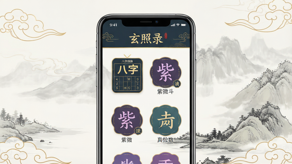一幅充满古风韵味的手机应用宣传图,主体为“玄照录”APP界面展示,背景是淡雅的水墨山水与云纹,界面中清晰显示八字排盘、紫微斗数等核心功能图标,布局采用居中对称构图,排版疏朗有致,整体风格为传统国风结合现代扁平化设计,细节处有金色线条勾勒,画质高清,干净无多余元素
