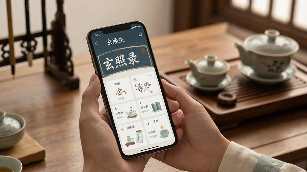 一幅“玄照录”手机使用场景图,主体是一只手握着手机,屏幕显示软件主界面,背景为古风书桌与茶具,布局自然,风格写实温馨,细节体现软件界面清晰,画质高清,干净无多余元素