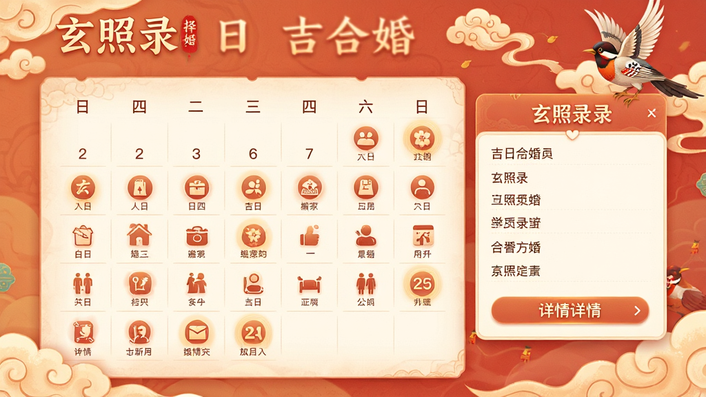 一张“玄照录”择日合婚功能界面设计图,主体为日历形式的吉日标注页面,结婚、搬家等图标在日期上温馨呈现,背景有祥云与喜鹊元素,布局为日历网格与详情弹窗相结合,风格为暖色国风插画,排版生动,细节暖心,画质细腻,干净无多余元素