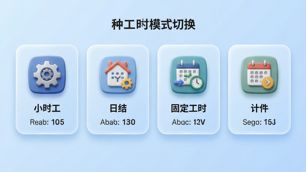 主体:四种工时模式切换界面,分别显示小时工、日结、固定工时、计件的卡片图标。布局:四张卡片横向排列,每张卡片上有对应模式名称和示例数据。排版:卡片式设计,文字居中,背景为淡蓝色渐变。风格:简洁商务风,图标立体感强。细节:卡片边缘圆润,高光渲染。画质:高清,干净,无多余元素。