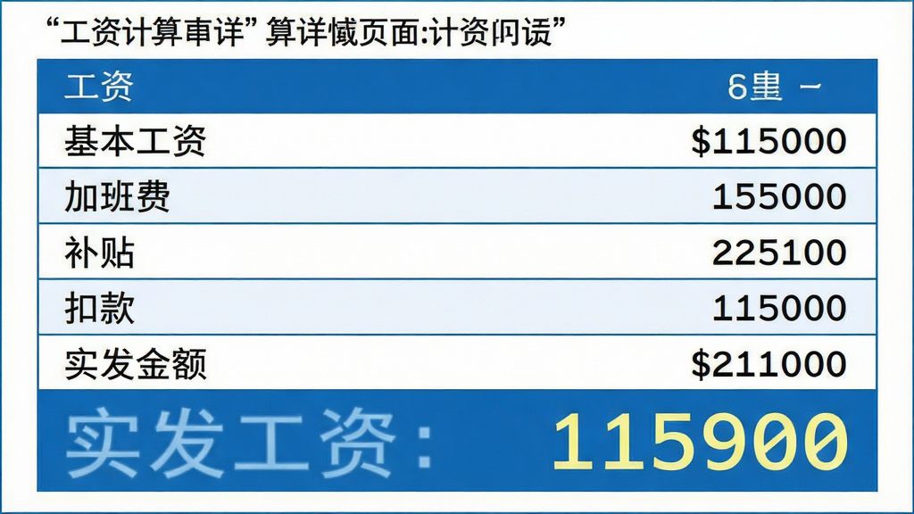 主体:工资计算详情页面,显示基本工资、加班费、补贴、扣款以及实发金额的列表。布局:列表自上而下排列,底部为实发工资大字显示。排版:表格样式,行间有分隔线,数字采用等宽字体。风格:清爽商务风,蓝白配色。细节:金额数字高亮显示。画质:高清,干净,无多余元素。