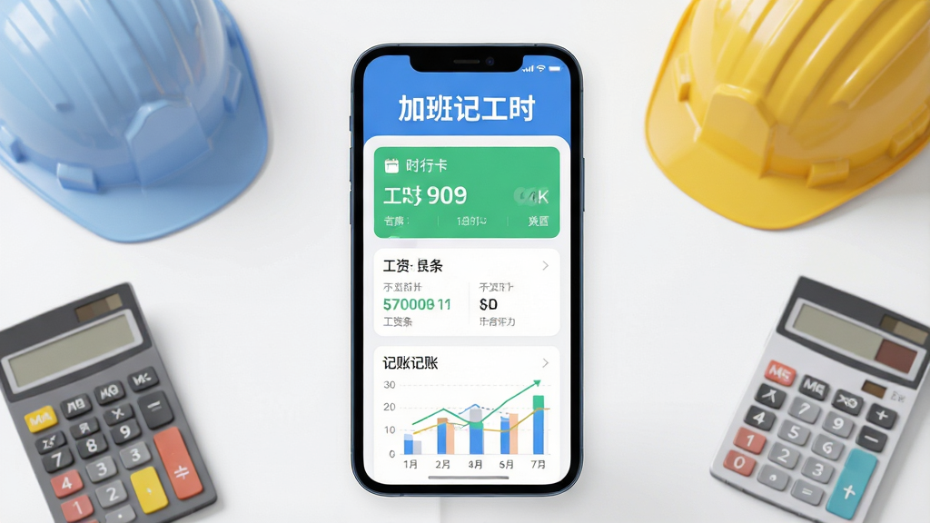 主体:“加班记工时”软件主界面展示,手机屏幕内显示工时打卡记录、工资条和记账图表。布局:手机居中,屏幕内容清晰可见,周围有简洁的工作场景装饰(如安全帽、计算器)。排版:手机为视觉中心,文字标签“加班记工时”在屏幕上方。风格:现代扁平化UI设计,色彩明快。细节:高精度渲染,屏幕内文字清晰。画质:4K超清,干净,无多余元素。