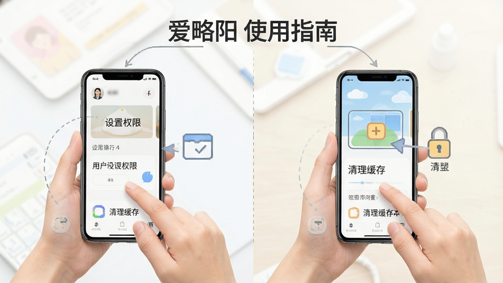爱略阳使用指南插图,展示用户操作手机的步骤示意图,包含设置权限、清理缓存等场景,画面简洁明了,风格写实,色彩柔和,画质清晰,干净无多余元素。